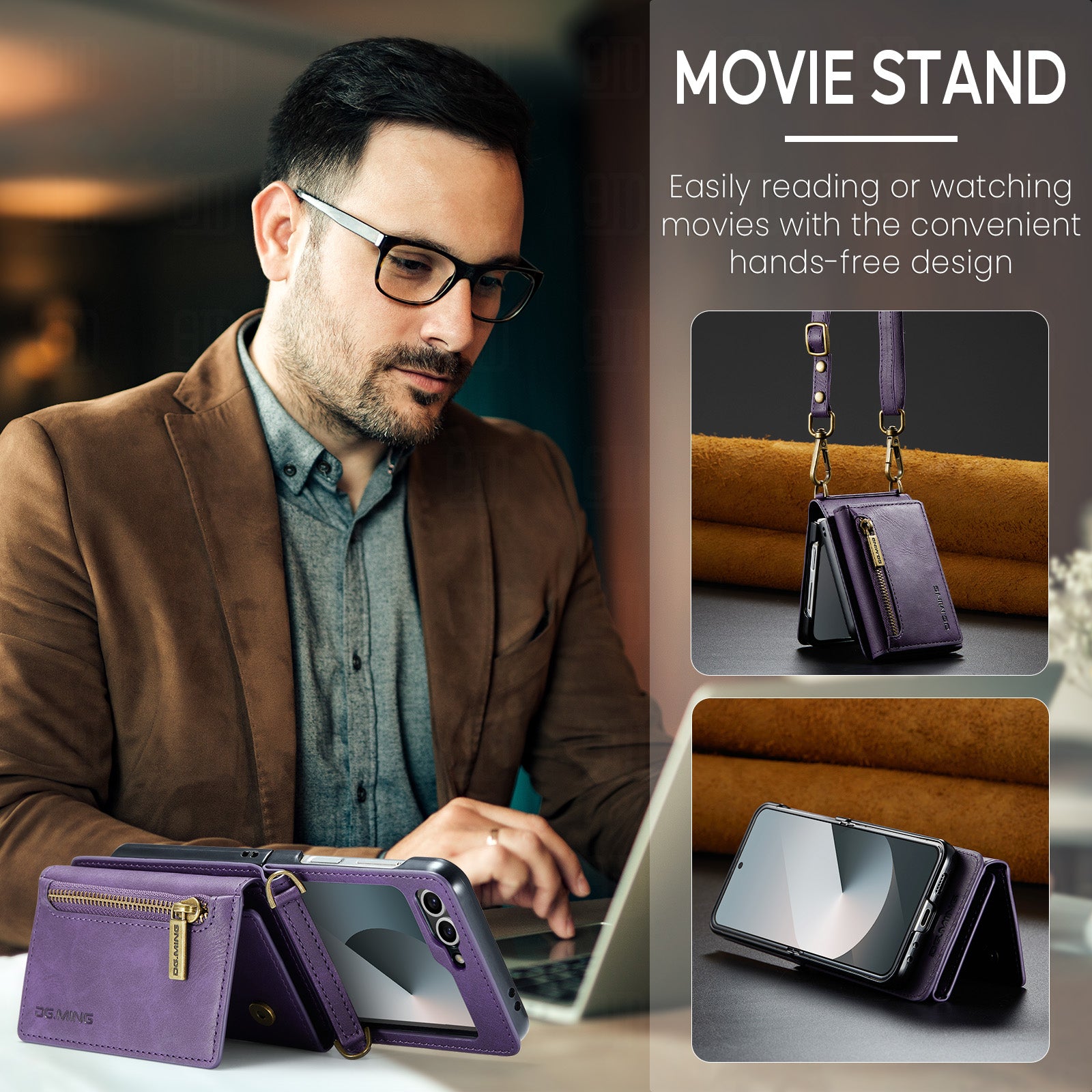 DG.MING Samsung Galaxy Z Flip 7 Crossbody Wallet Case [Purple]
