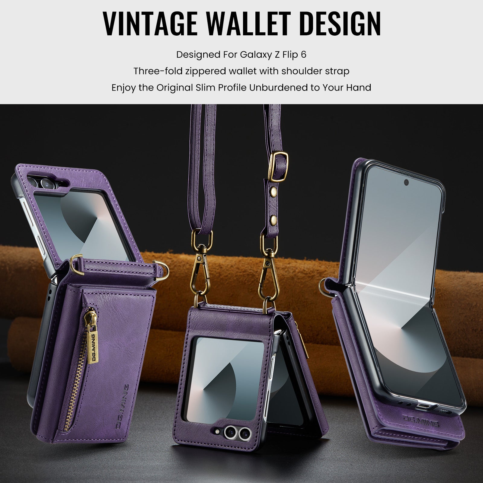 DG.MING Samsung Galaxy Z Flip 7 Crossbody Wallet Case [Purple]