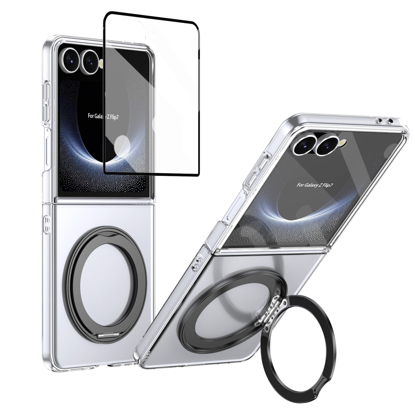 Clear 360°Rotating Magnetic Ring Stand Case for Samsung Galaxy Z Flip 7 with Tempered Glass [Black]