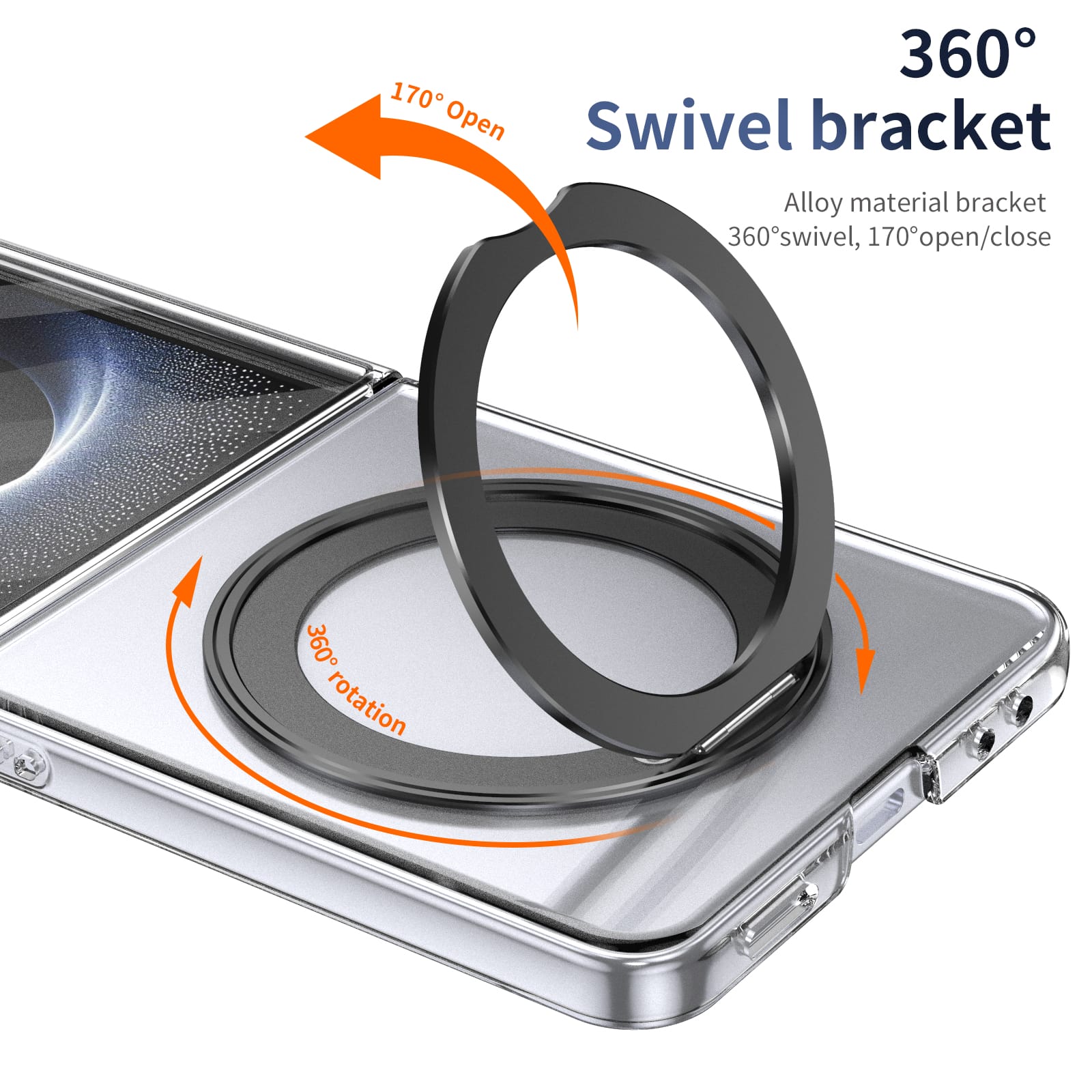 Clear 360°Rotating Magnetic Ring Stand Case for Samsung Galaxy Z Flip 7 with Tempered Glass [Black]