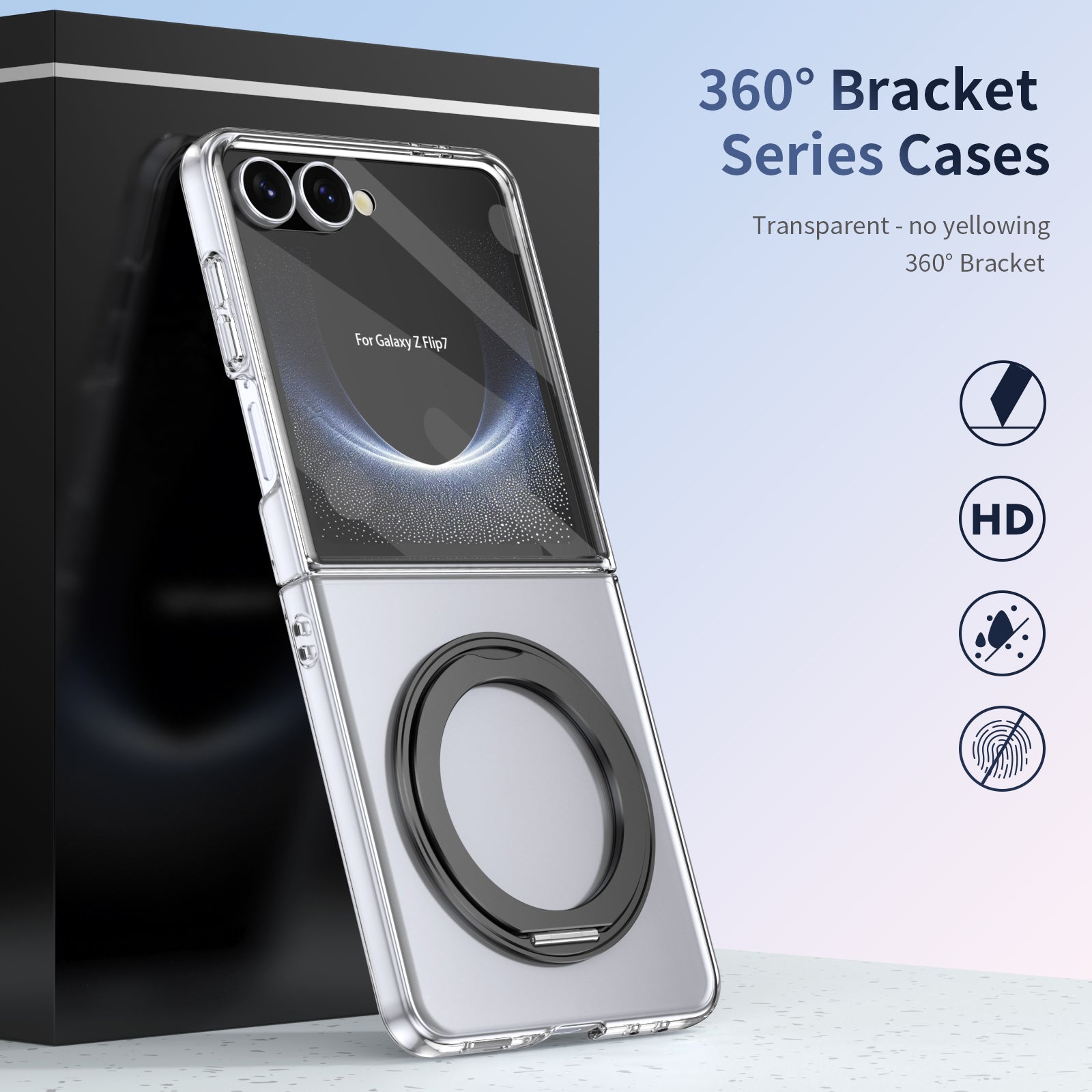 Clear 360°Rotating Magnetic Ring Stand Case for Samsung Galaxy Z Flip 7 with Tempered Glass [Black]