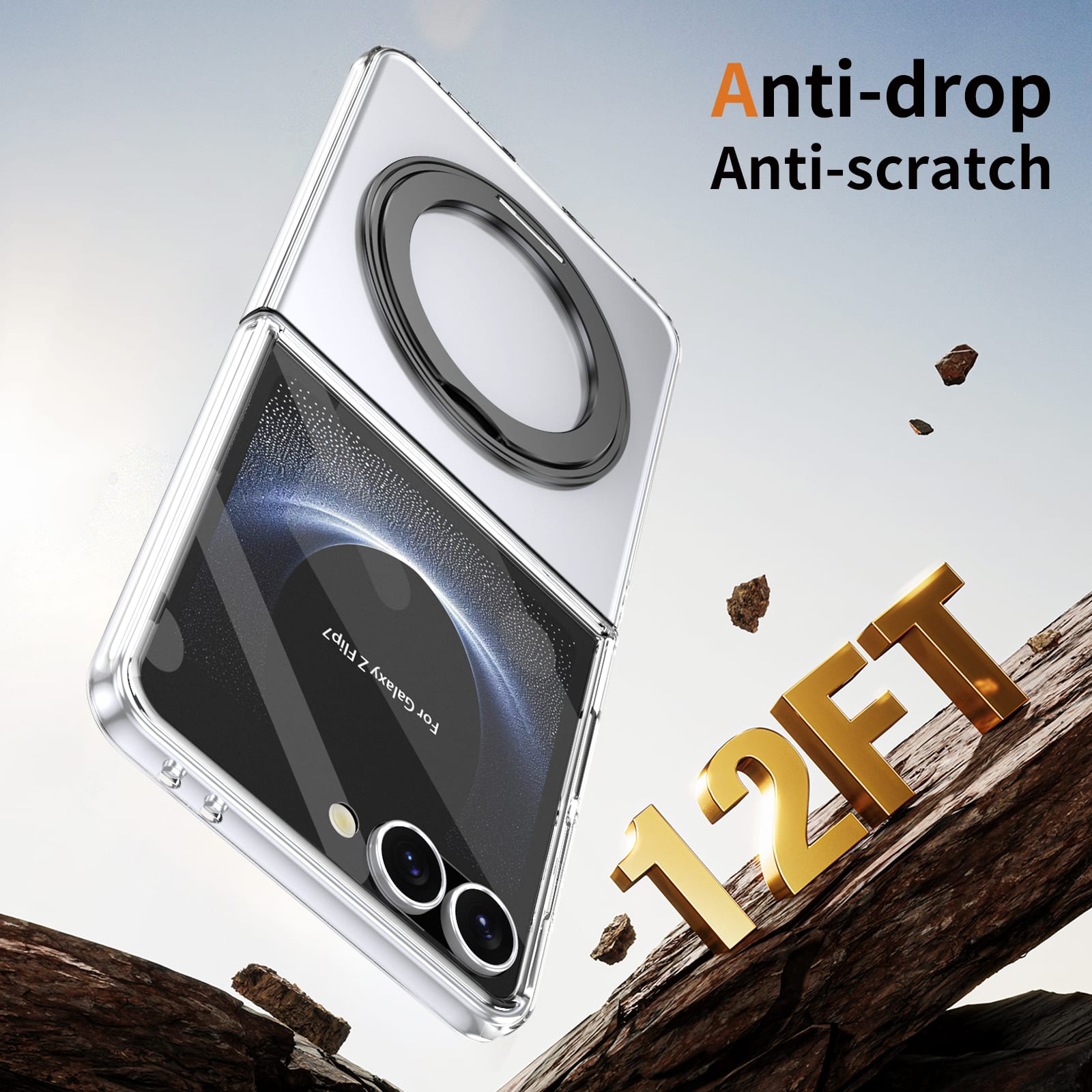 Clear 360°Rotating Magnetic Ring Stand Case for Samsung Galaxy Z Flip 7 with Tempered Glass [Black]