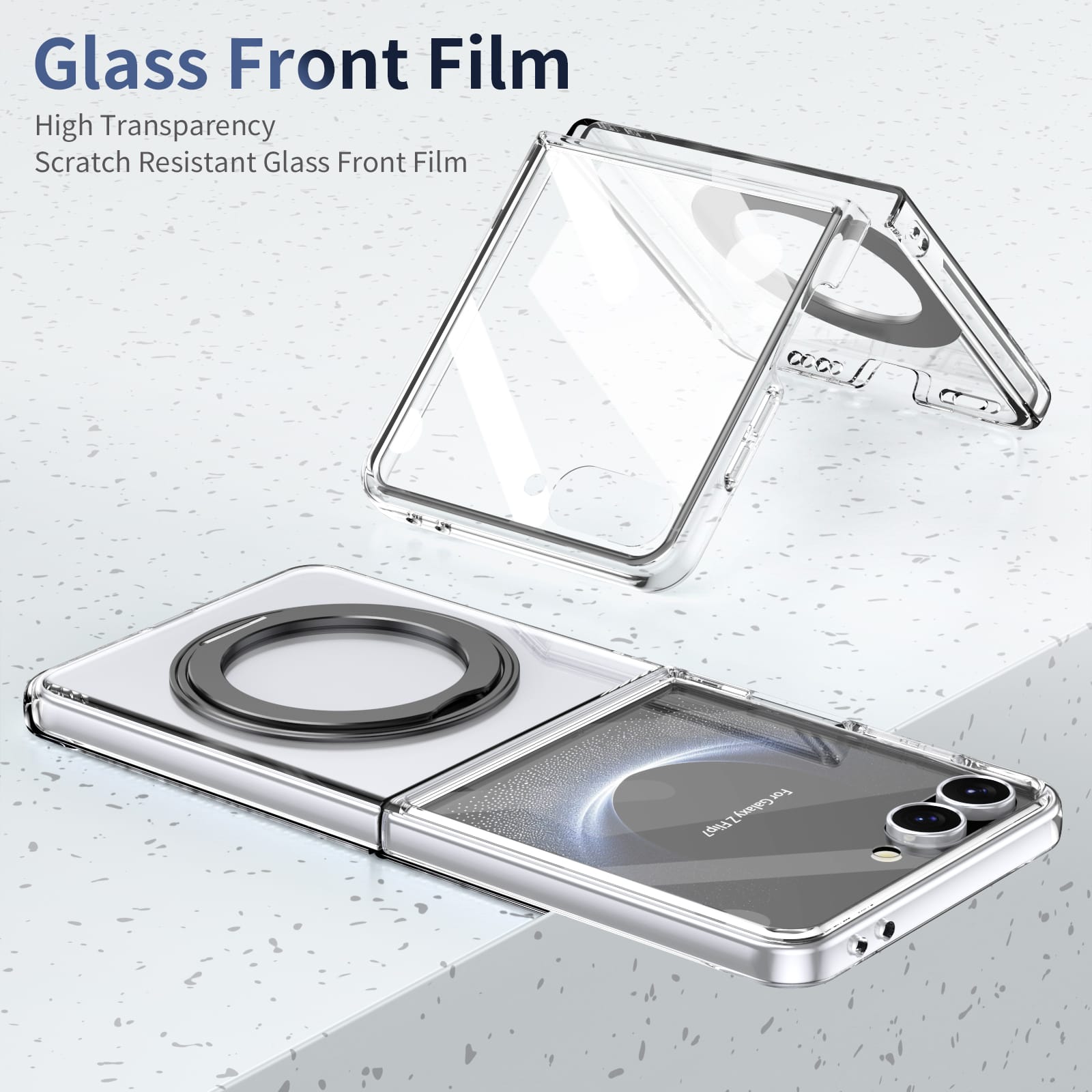 Clear 360°Rotating Magnetic Ring Stand Case for Samsung Galaxy Z Flip 7 with Tempered Glass [Black]