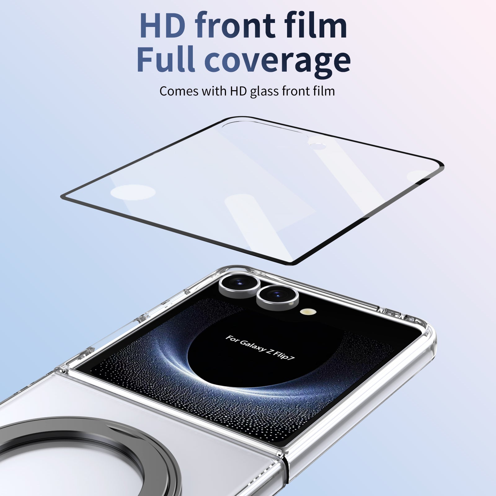Clear 360°Rotating Magnetic Ring Stand Case for Samsung Galaxy Z Flip 7 with Tempered Glass [Black]