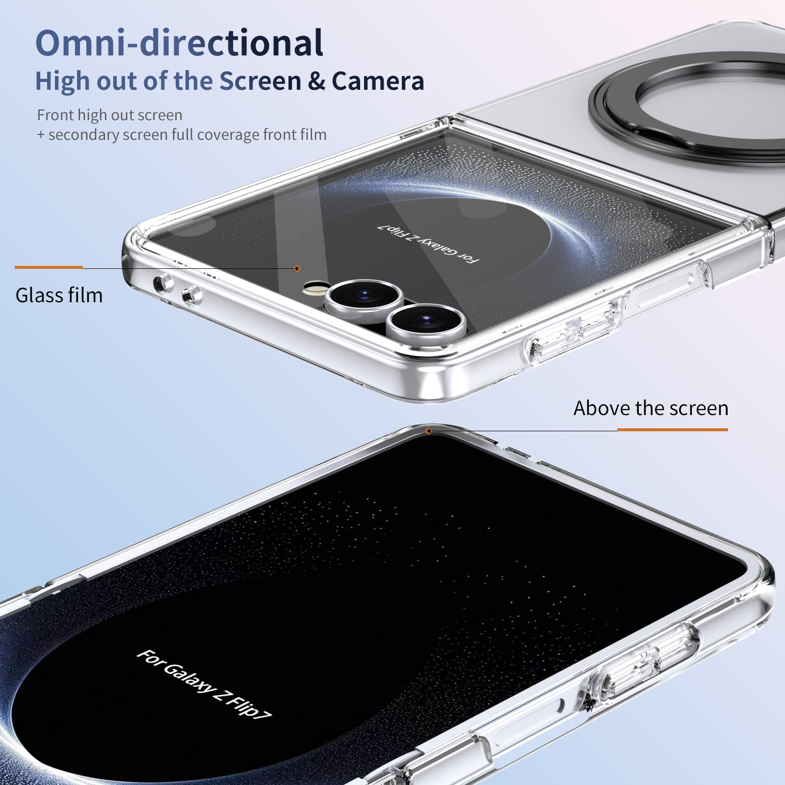 Clear 360°Rotating Magnetic Ring Stand Case for Samsung Galaxy Z Flip 7 with Tempered Glass [Black]
