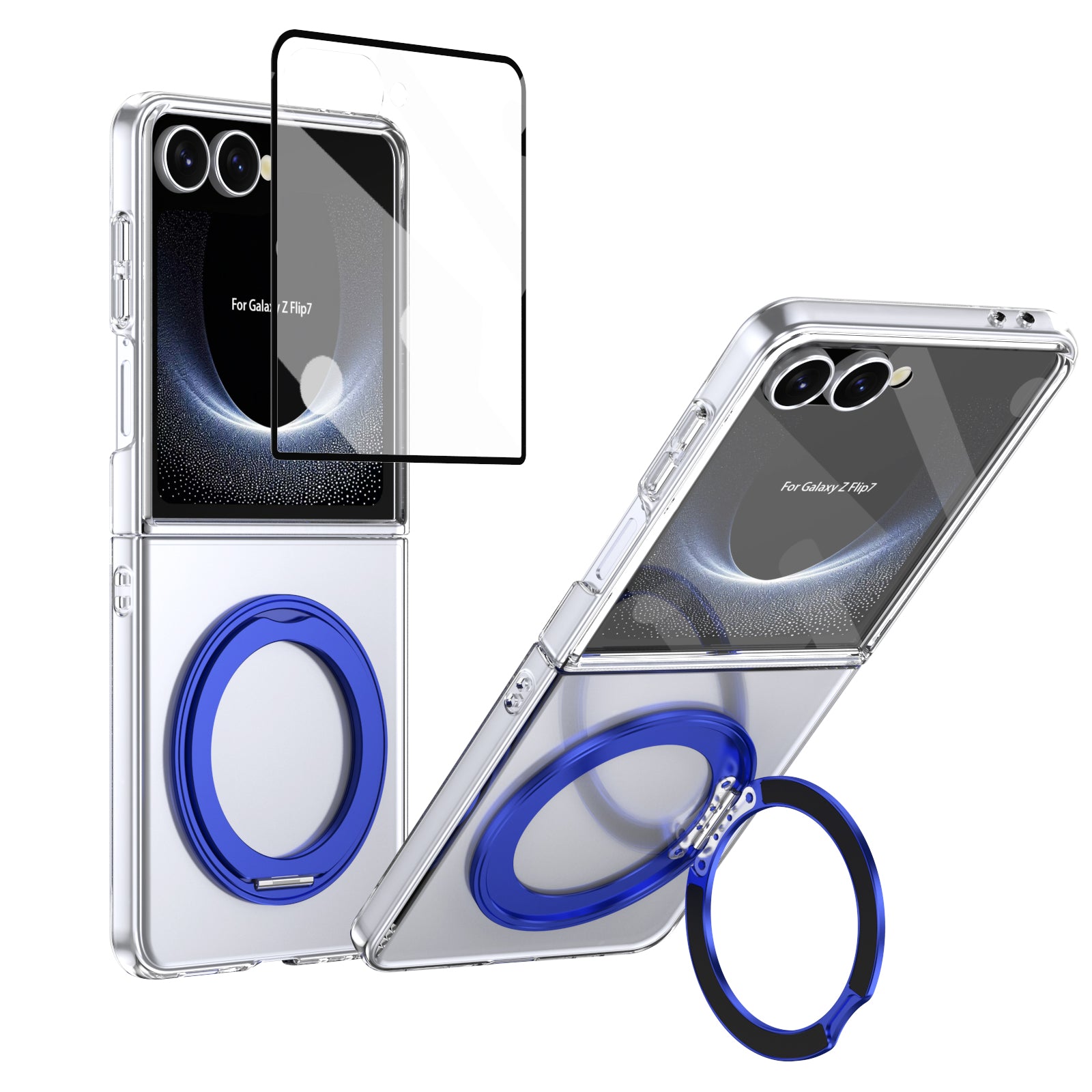 Clear 360°Rotating Magnetic Ring Stand Case for Samsung Galaxy Z Flip 7 with Tempered Glass [Blue]