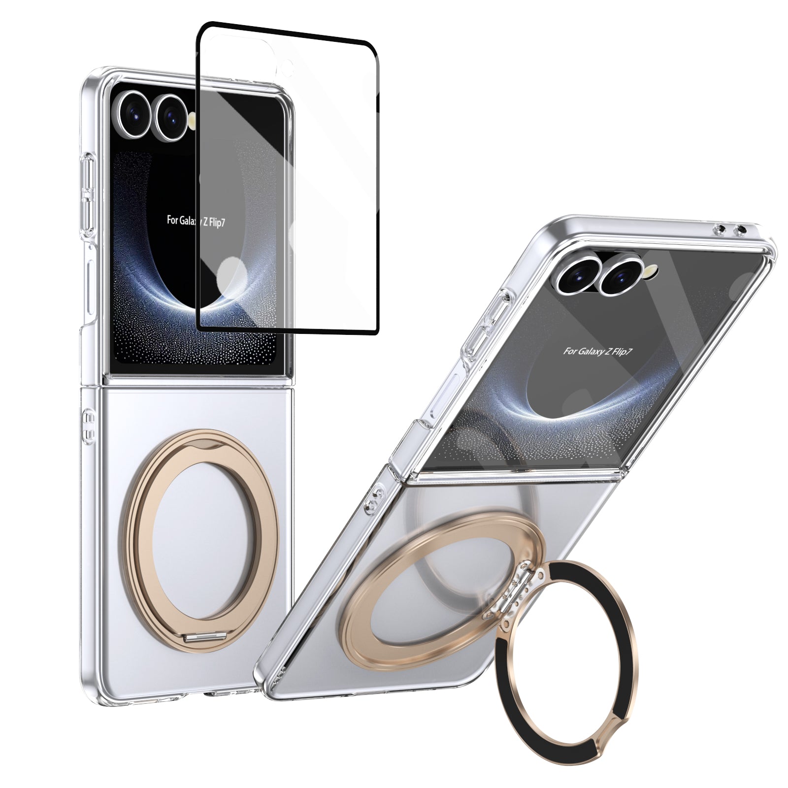 Clear 360°Rotating Magnetic Ring Stand Case for Samsung Galaxy Z Flip 7 with Tempered Glass [Gold]