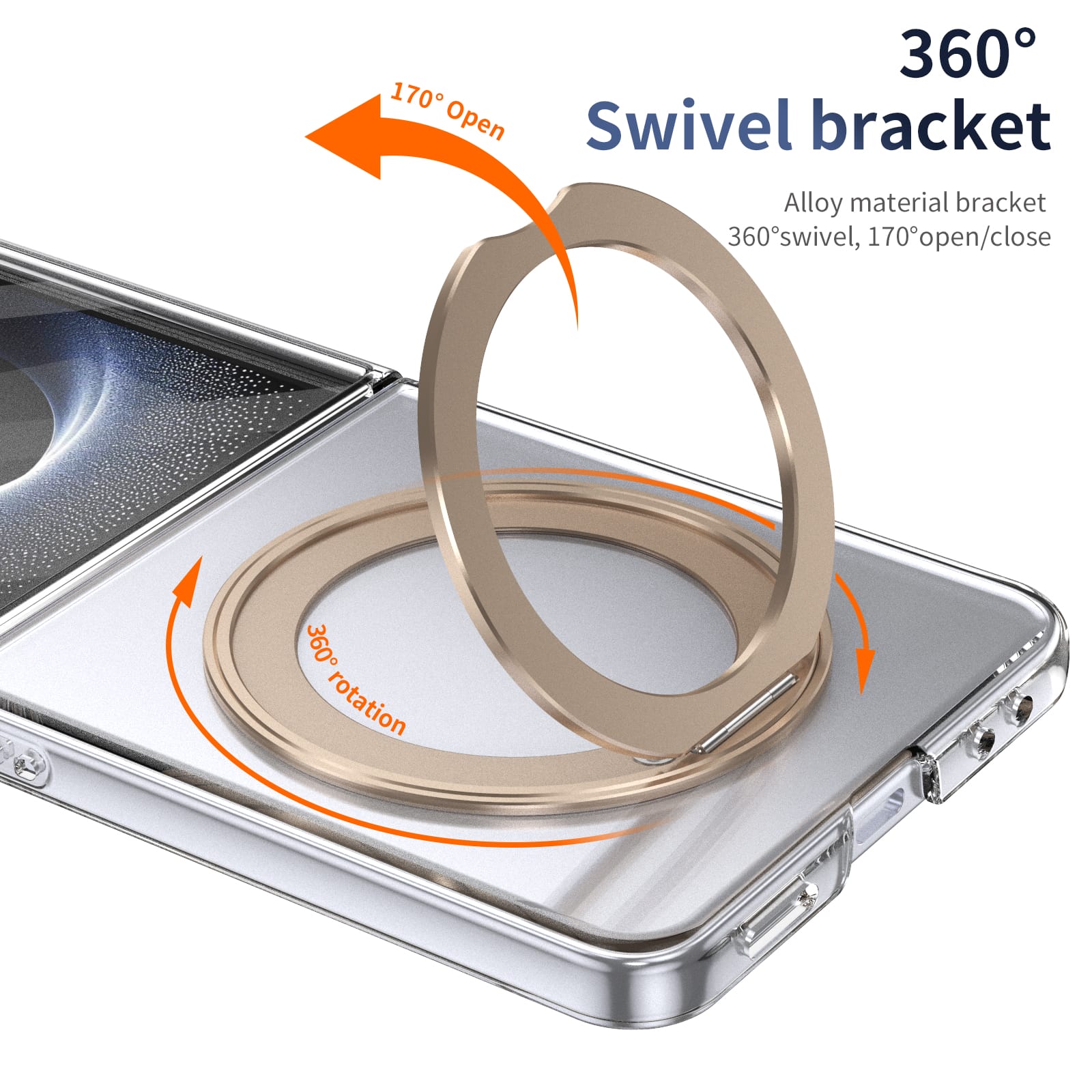 Clear 360°Rotating Magnetic Ring Stand Case for Samsung Galaxy Z Flip 7 with Tempered Glass [Gold]