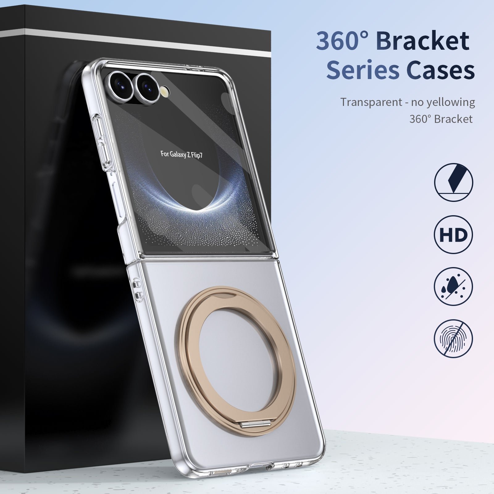 Clear 360°Rotating Magnetic Ring Stand Case for Samsung Galaxy Z Flip 7 with Tempered Glass [Gold]