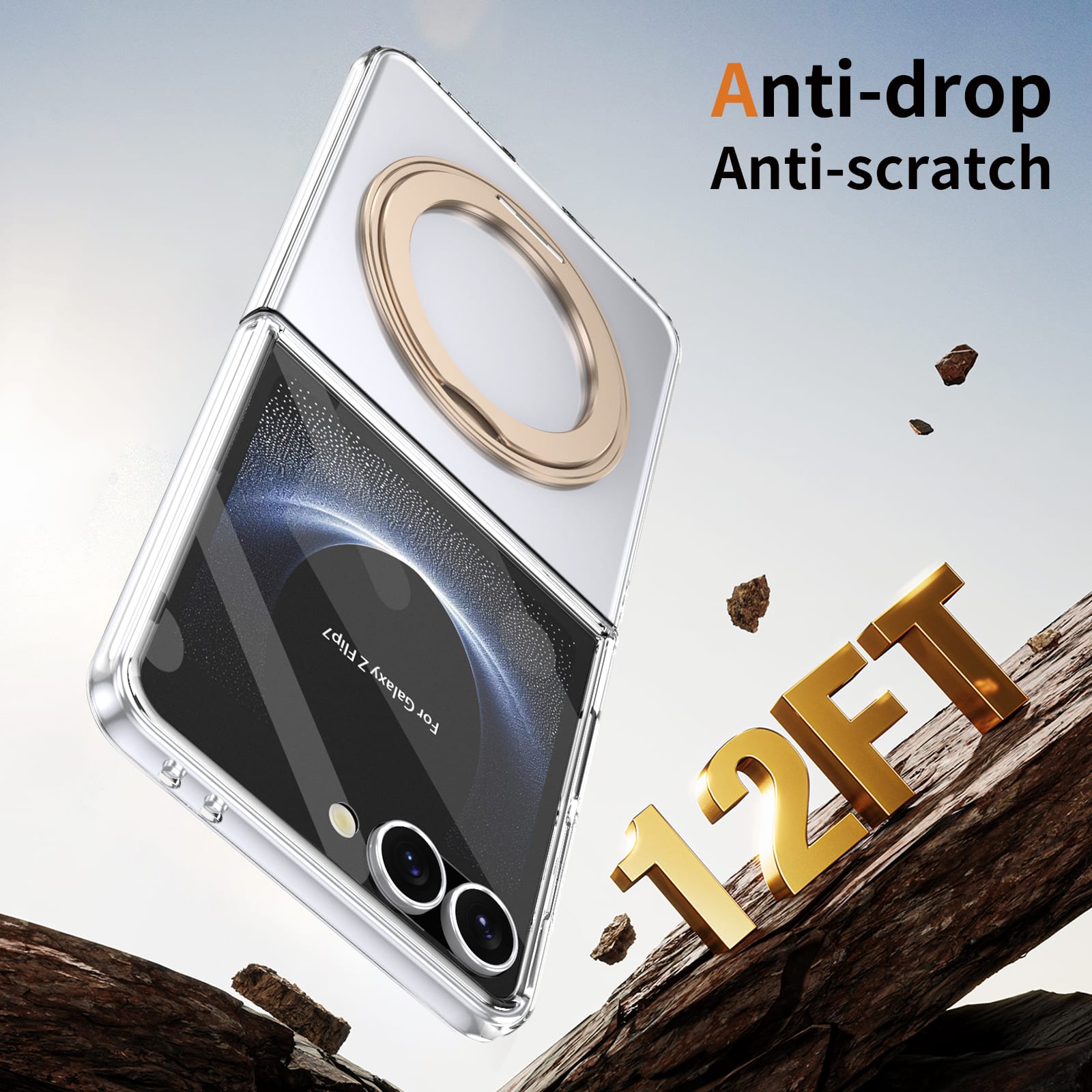 Clear 360°Rotating Magnetic Ring Stand Case for Samsung Galaxy Z Flip 7 with Tempered Glass [Gold]