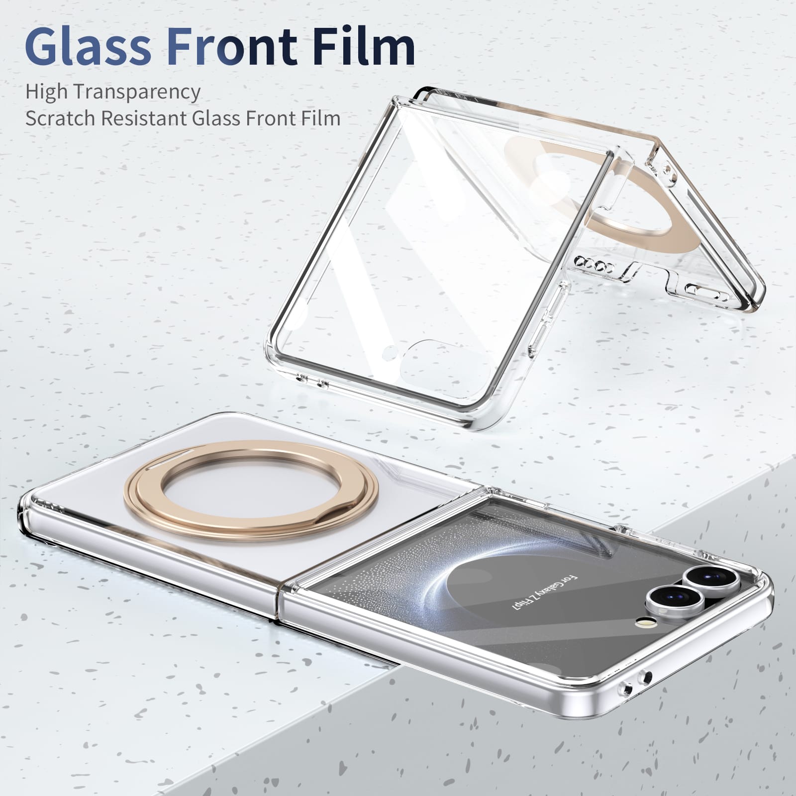 Clear 360°Rotating Magnetic Ring Stand Case for Samsung Galaxy Z Flip 7 with Tempered Glass [Gold]