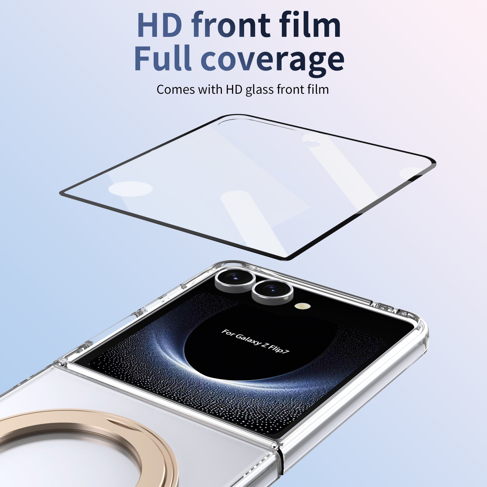 Clear 360°Rotating Magnetic Ring Stand Case for Samsung Galaxy Z Flip 7 with Tempered Glass [Gold]