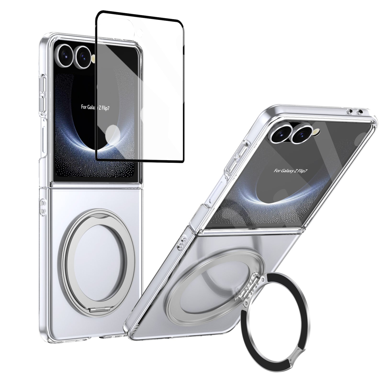 Clear 360°Rotating Magnetic Ring Stand Case for Samsung Galaxy Z Flip 7 with Tempered Glass[Silver]