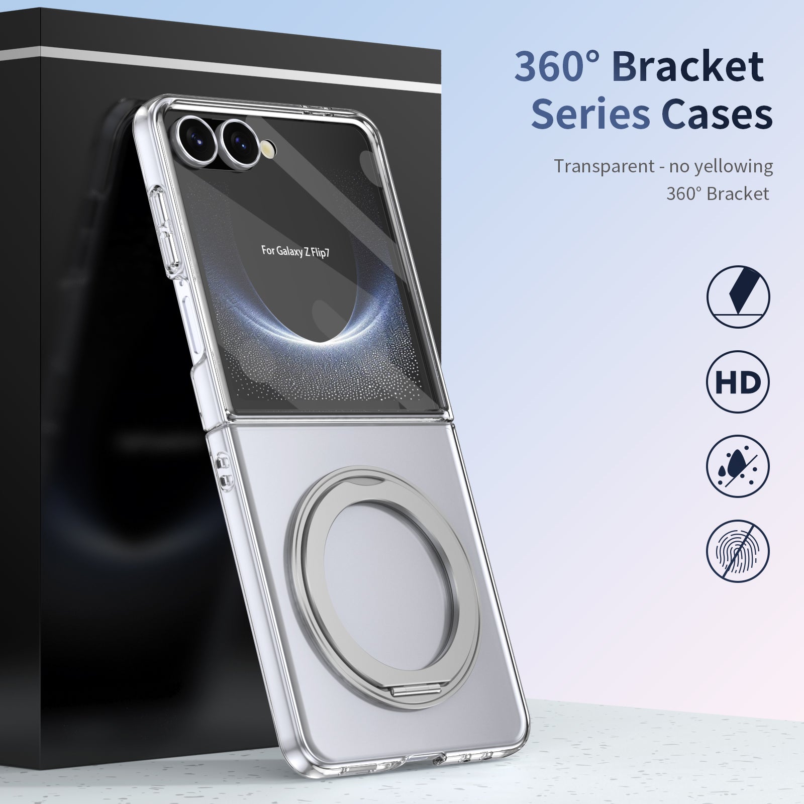 Clear 360°Rotating Magnetic Ring Stand Case for Samsung Galaxy Z Flip 7 with Tempered Glass[Silver]