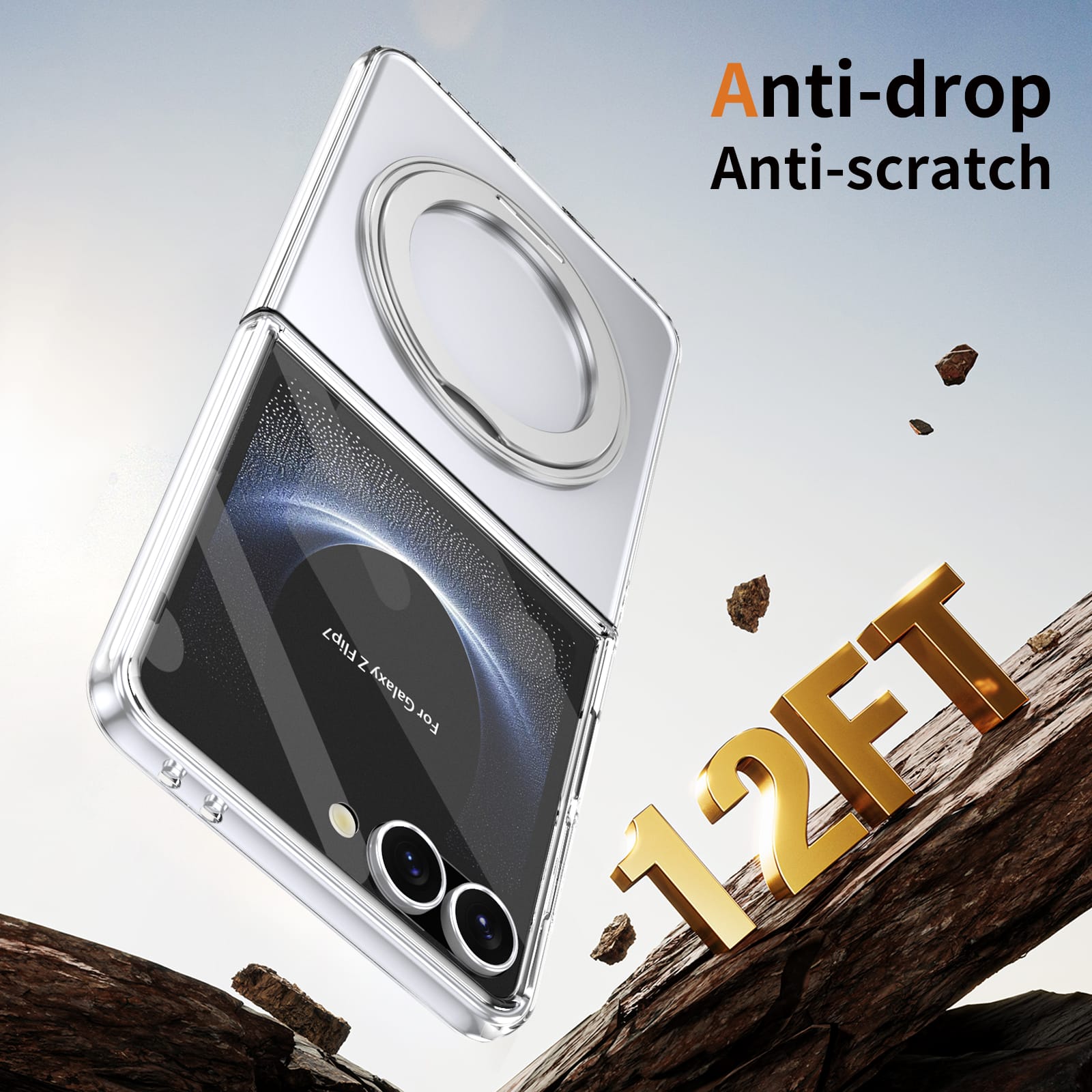 Clear 360°Rotating Magnetic Ring Stand Case for Samsung Galaxy Z Flip 7 with Tempered Glass[Silver]