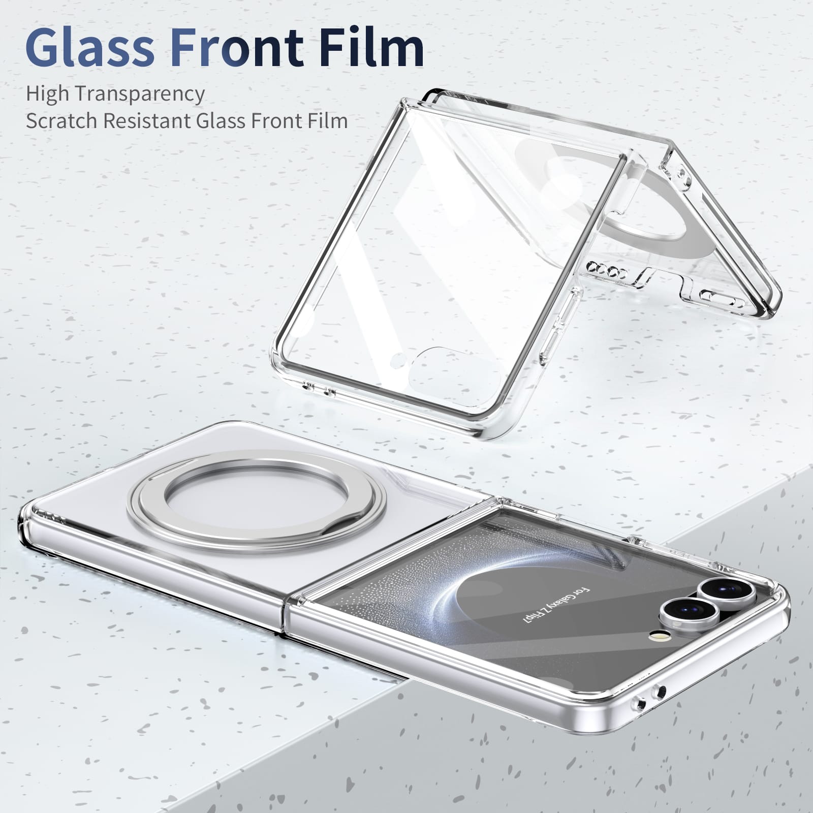 Clear 360°Rotating Magnetic Ring Stand Case for Samsung Galaxy Z Flip 7 with Tempered Glass[Silver]