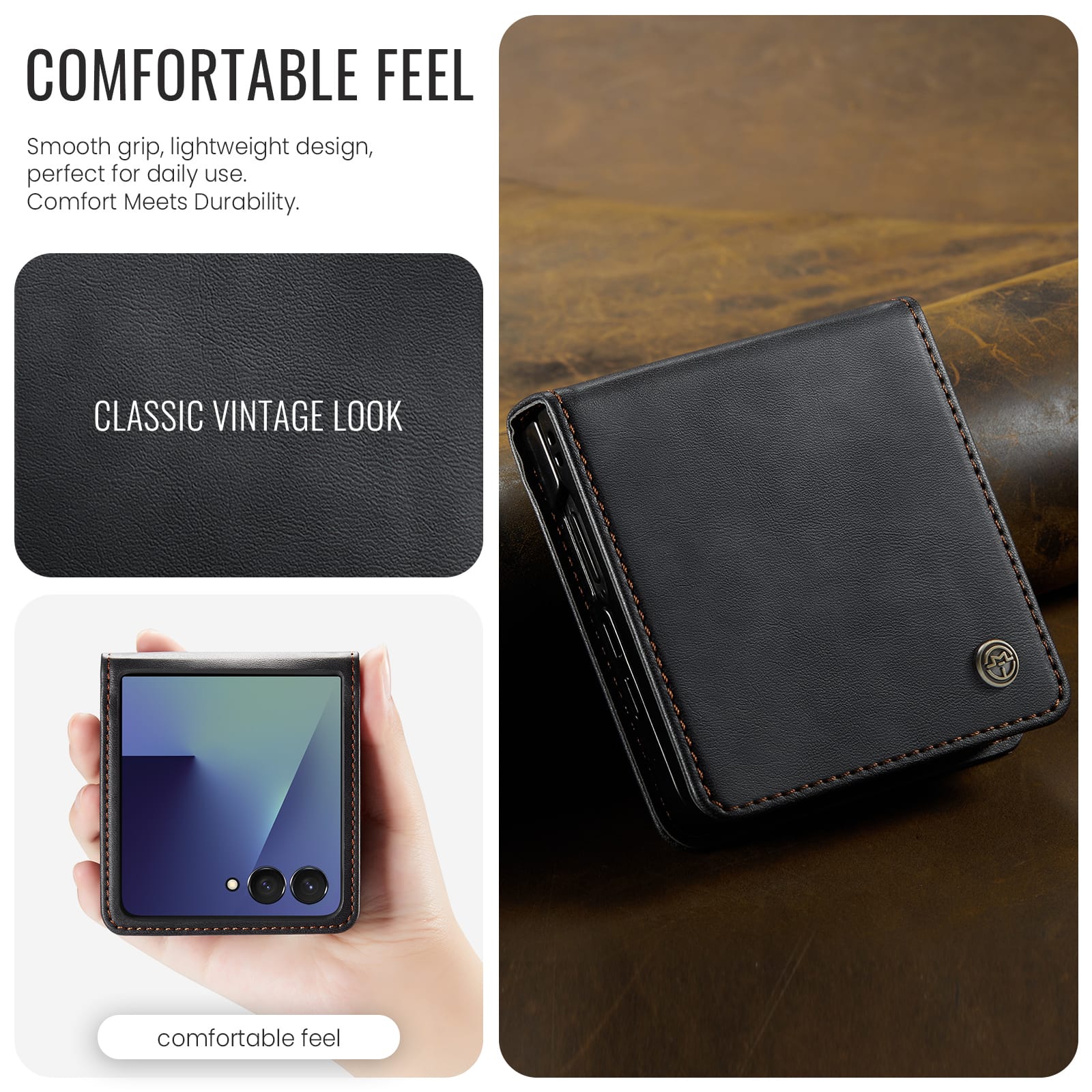 Stylish Samsung Galaxy Z Flip 7 Retro Leather Cover [Black]