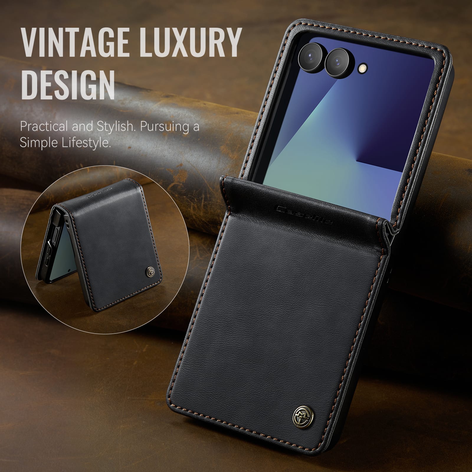 Stylish Samsung Galaxy Z Flip 7 Retro Leather Cover [Black]