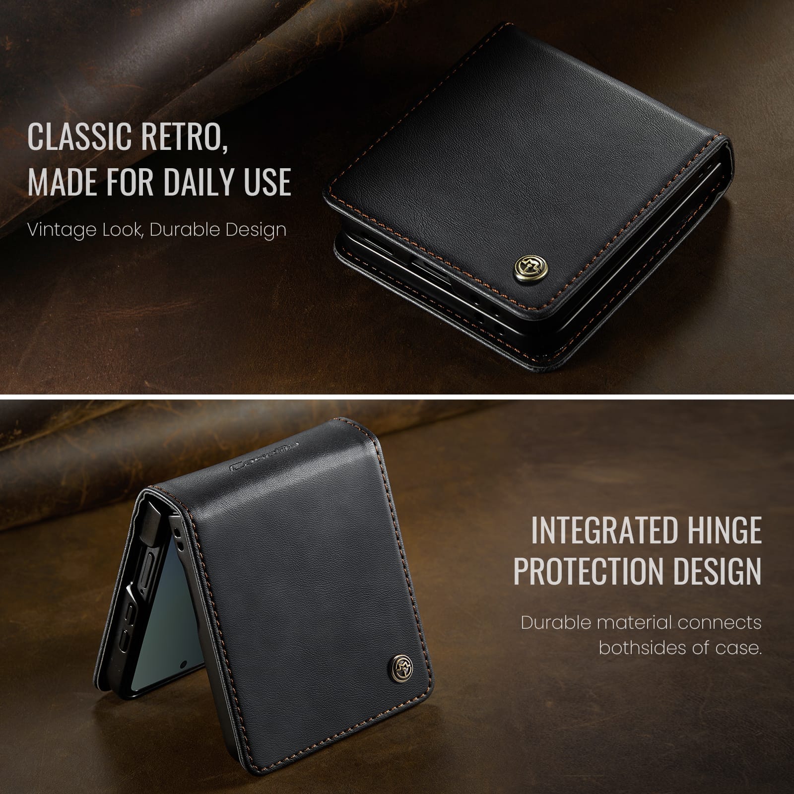 Stylish Samsung Galaxy Z Flip 7 Retro Leather Cover [Black]