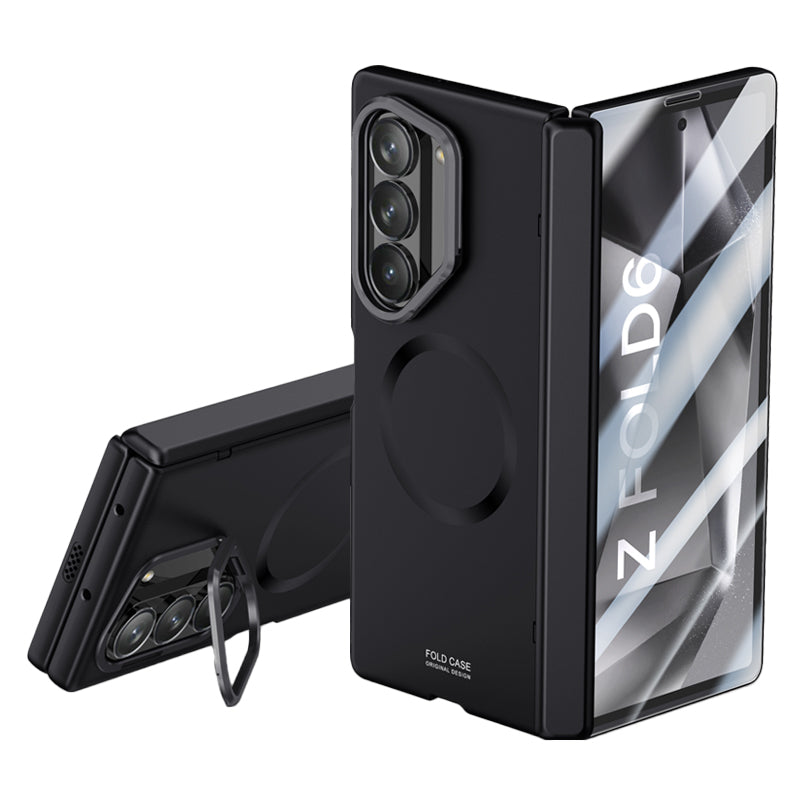 Samsung Galaxy Z Fold 6 Magnetic Skin-Feel Case - Hinge Shield & Lens Ring Stand [Black]