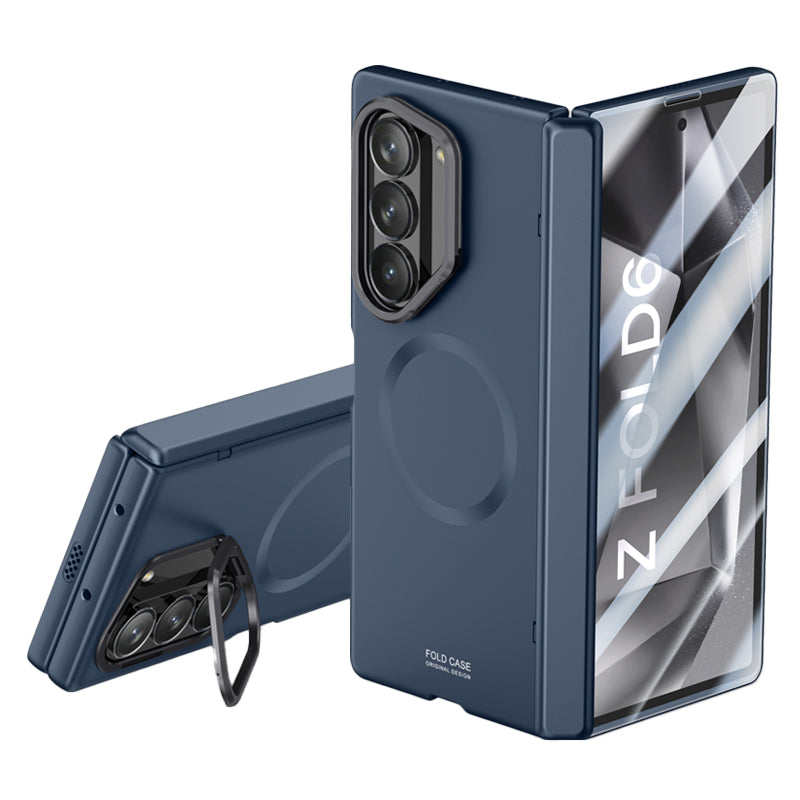 Samsung Galaxy Z Fold 6 Magnetic Skin-Feel Case - Hinge Shield & Lens Ring Stand [Navy Blue]