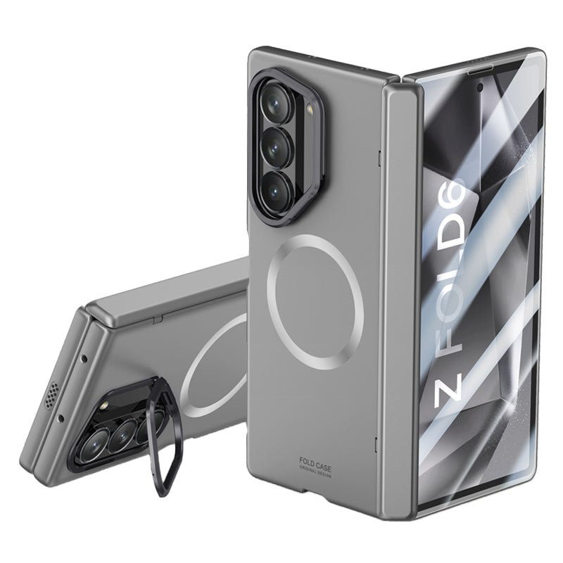 Samsung Galaxy Z Fold 6 Magnetic Skin-Feel Case - Hinge Shield & Lens Ring Stand [Grey]