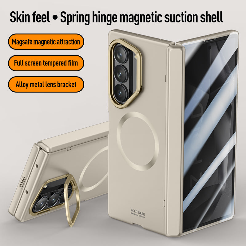 Samsung Galaxy Z Fold 6 Magnetic Skin-Feel Case - Hinge Shield & Lens Ring Stand [Grey]