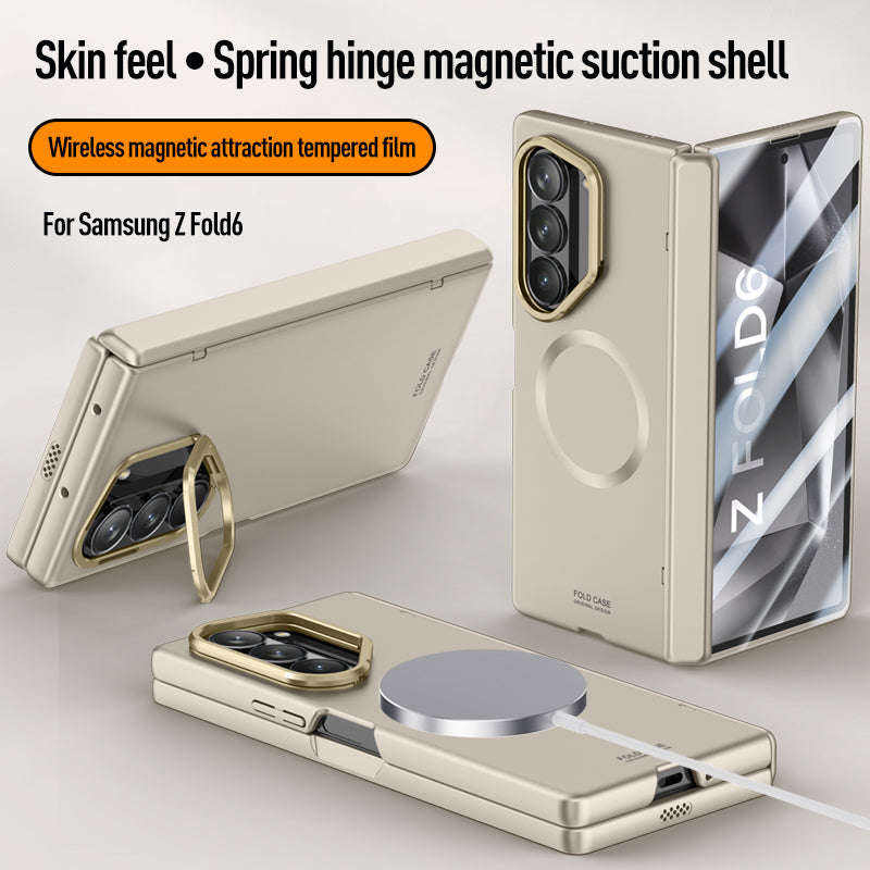 Samsung Galaxy Z Fold 6 Magnetic Skin-Feel Case - Hinge Shield & Lens Ring Stand [Black]