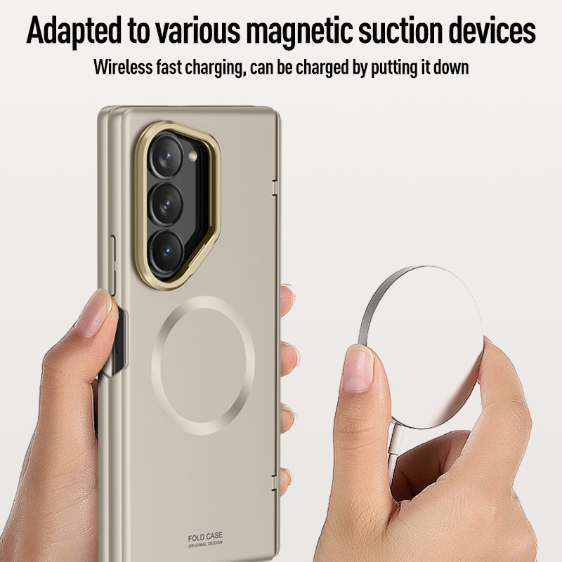 Samsung Galaxy Z Fold 6 Magnetic Skin-Feel Case - Hinge Shield & Lens Ring Stand [Sand Gold]