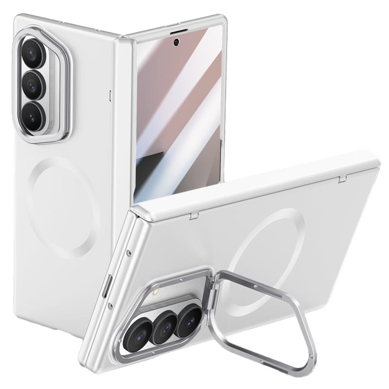 Samsung Galaxy Z Fold 7 Magnetic Skin-Feel Case - Hinge Shield & Lens Ring Stand [Silver]
