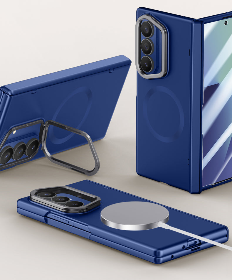 Samsung Galaxy Z Fold 7 Magnetic Skin-Feel Case - Hinge Shield & Lens Ring Stand [Silver]