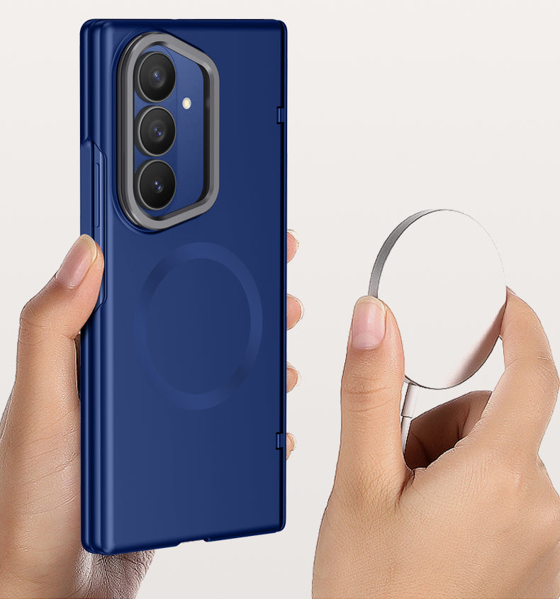 Samsung Galaxy Z Fold 7 Magnetic Skin-Feel Case - Hinge Shield & Lens Ring Stand [Navy Blue]