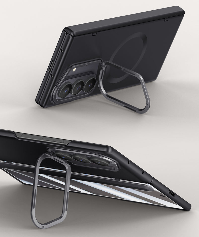 Samsung Galaxy Z Fold 7 Magnetic Skin-Feel Case - Hinge Shield & Lens Ring Stand [Black]