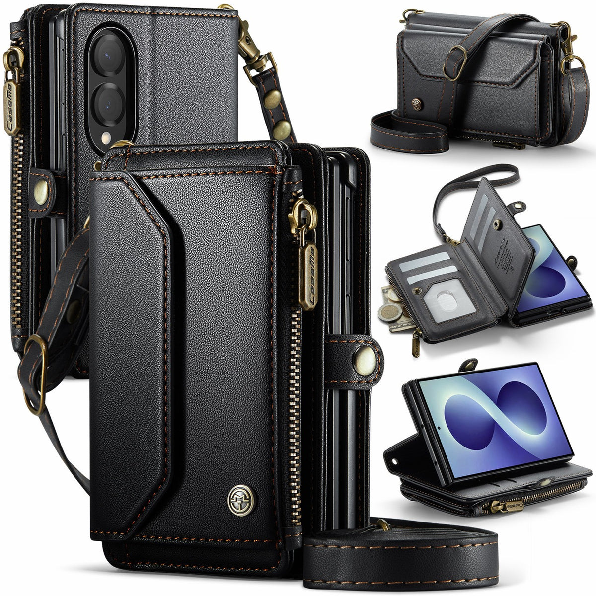 Galaxy Z Fold 8 CaseMe Crossbody Wallet Case with Strap, Card Slots & Zipper Pocket [Black]
