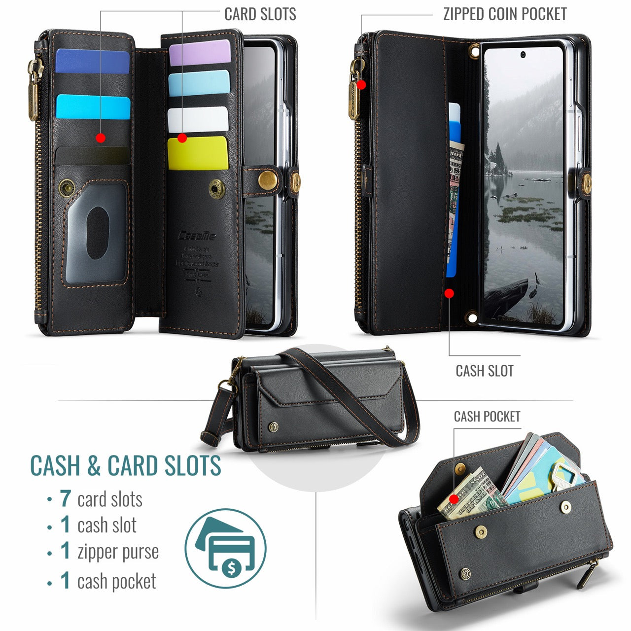 Galaxy Z Fold 8 CaseMe Crossbody Wallet Case with Strap, Card Slots & Zipper Pocket [Black]