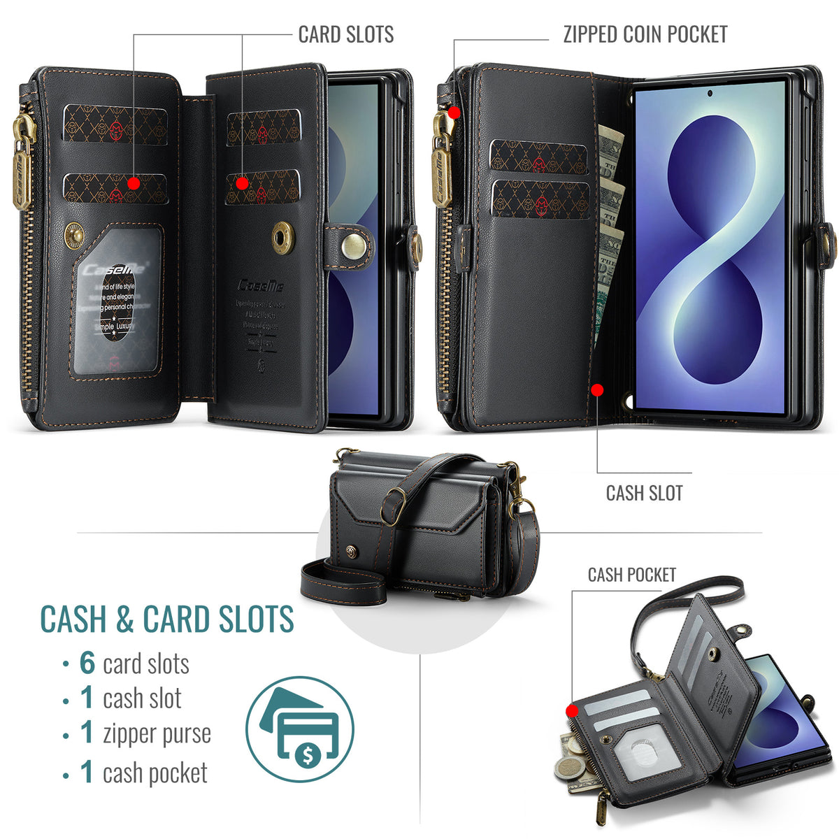 Galaxy Z Fold 8 CaseMe Crossbody Wallet Case with Strap, Card Slots & Zipper Pocket [Black]
