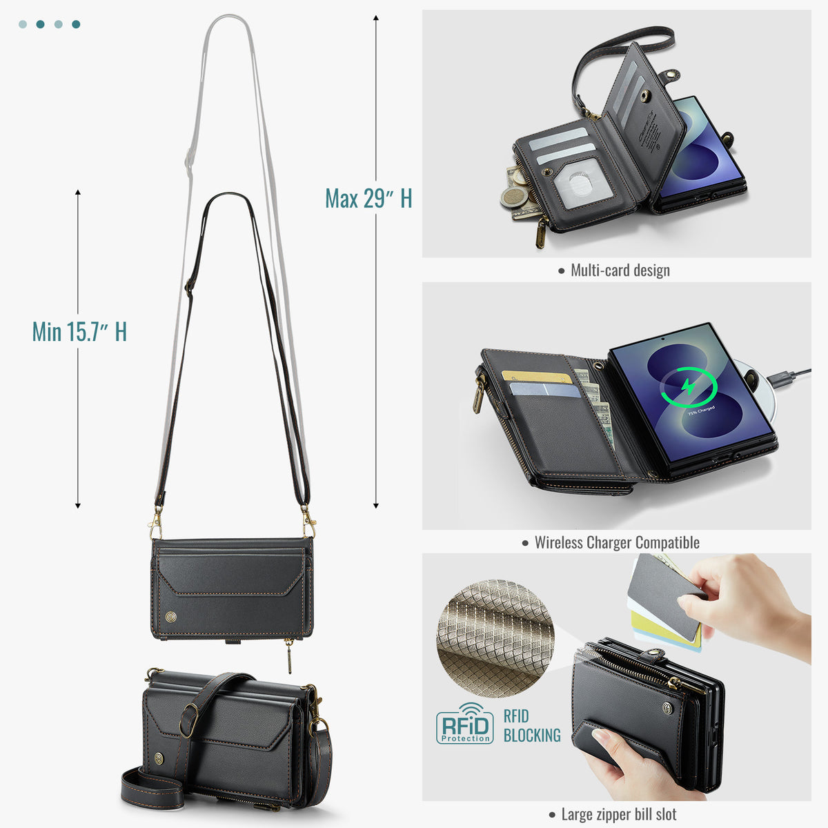 Galaxy Z Fold 8 CaseMe Crossbody Wallet Case with Strap, Card Slots & Zipper Pocket [Black]