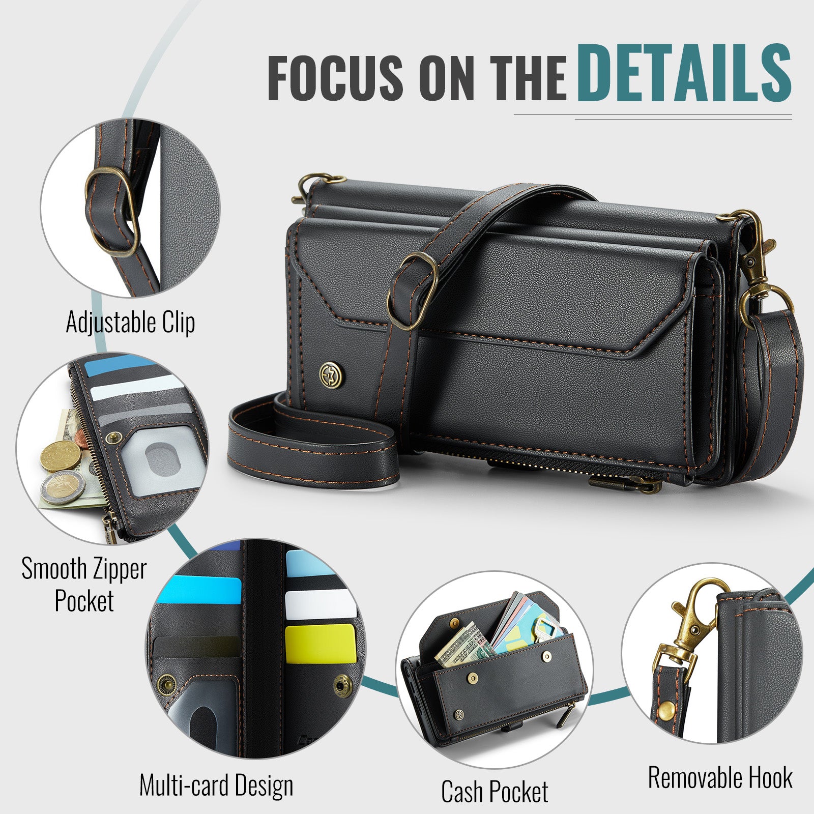 Galaxy Z Fold 8 CaseMe Crossbody Wallet Case with Strap, Card Slots & Zipper Pocket [Black]