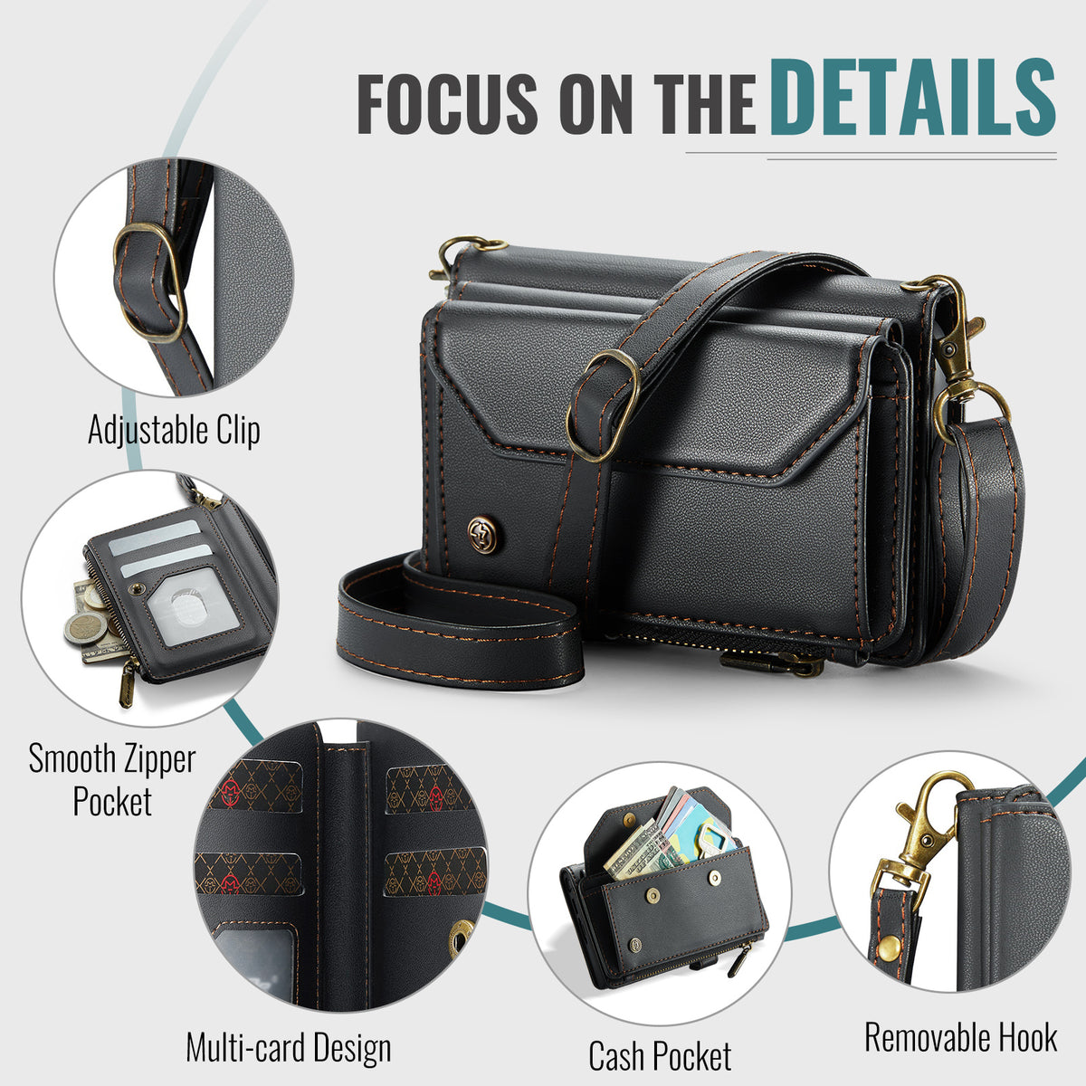 Galaxy Z Fold 8 CaseMe Crossbody Wallet Case with Strap, Card Slots & Zipper Pocket [Black]