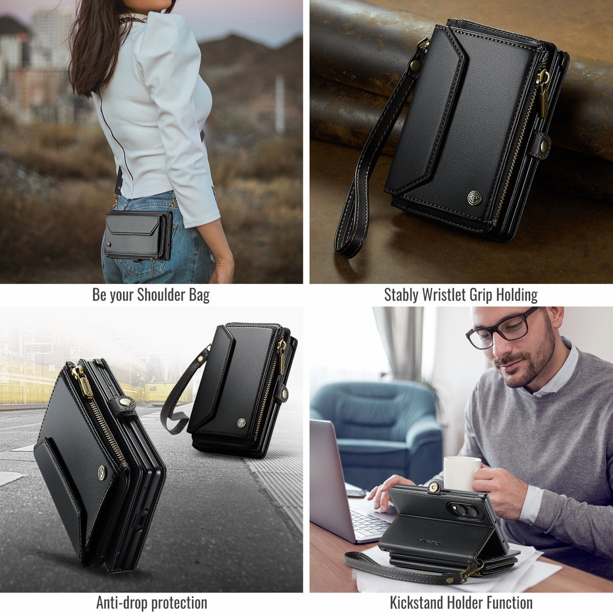 Galaxy Z Fold 8 CaseMe Crossbody Wallet Case with Strap, Card Slots & Zipper Pocket [Black]