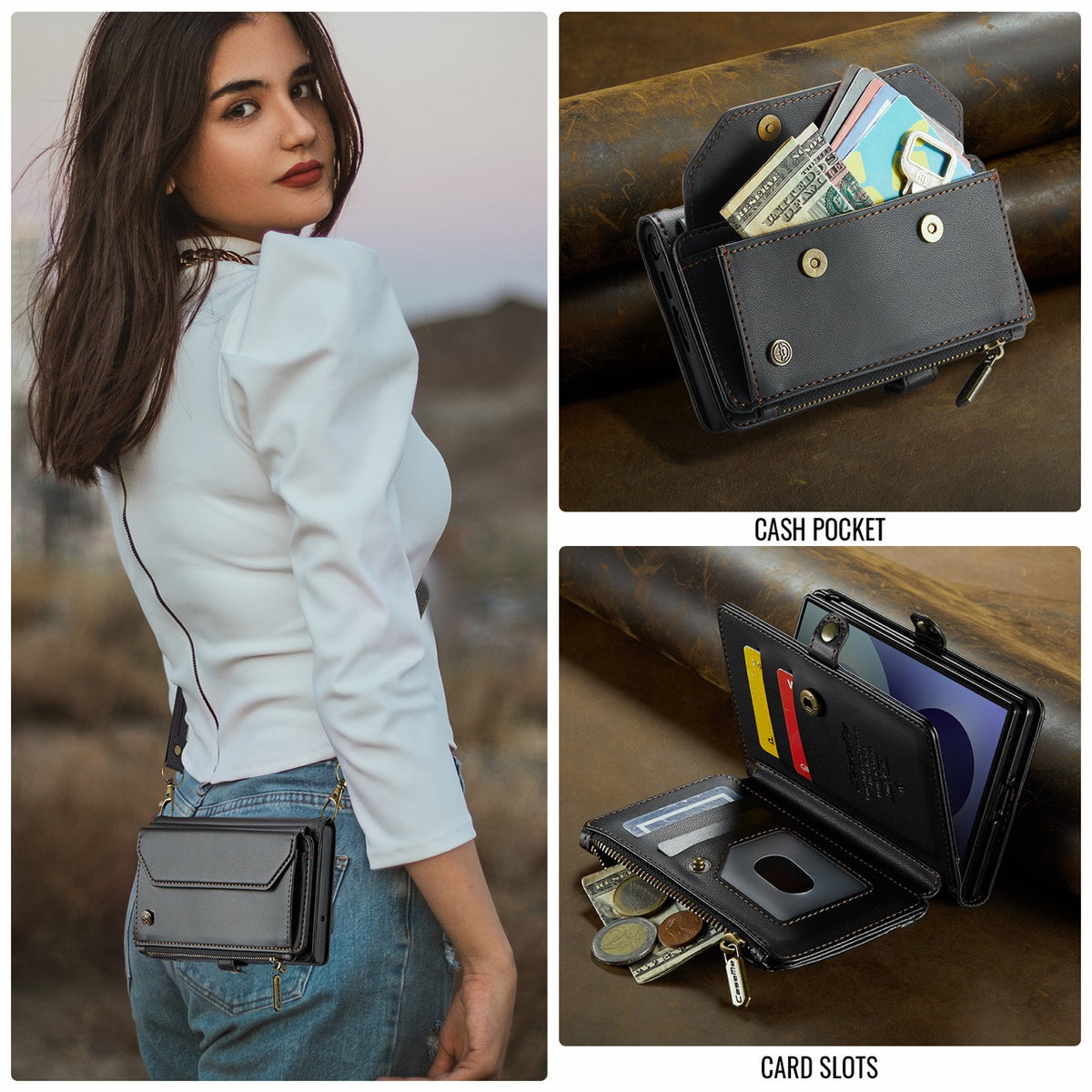 Galaxy Z Fold 8 CaseMe Crossbody Wallet Case with Strap, Card Slots & Zipper Pocket [Black]