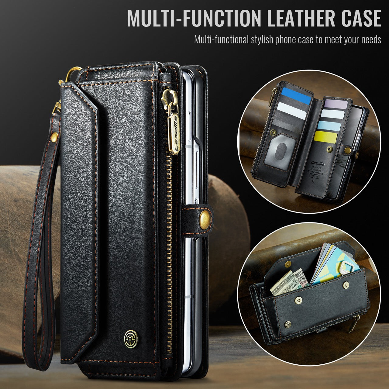 Galaxy Z Fold 8 CaseMe Crossbody Wallet Case with Strap, Card Slots & Zipper Pocket [Black]