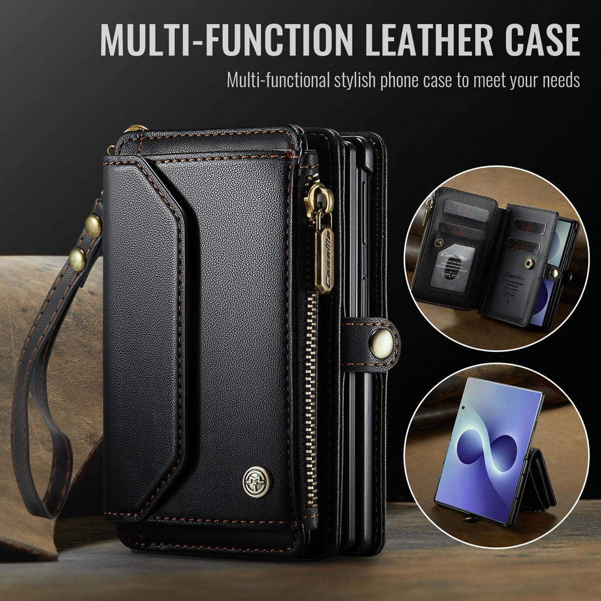 Galaxy Z Fold 8 CaseMe Crossbody Wallet Case with Strap, Card Slots & Zipper Pocket [Black]