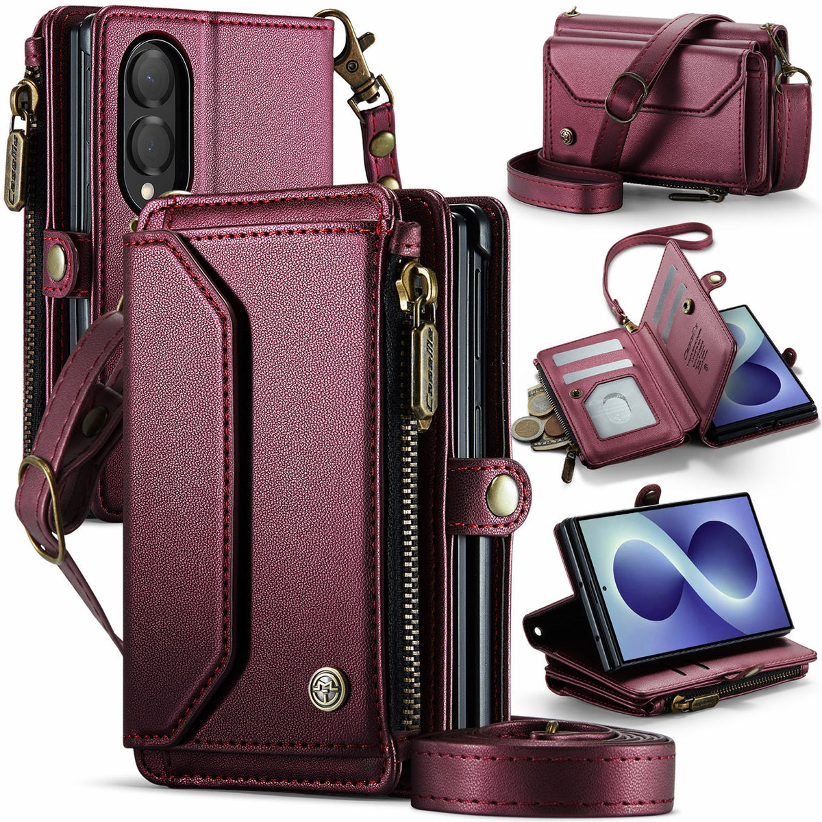 Galaxy Z Fold 8 CaseMe Crossbody Wallet Case with Strap, Card Slots & Zipper Pocket [Maroon]