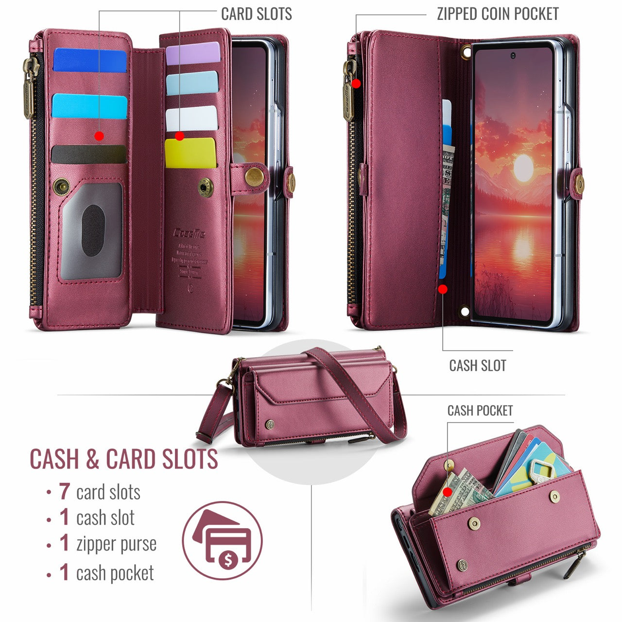 Galaxy Z Fold 8 CaseMe Crossbody Wallet Case with Strap, Card Slots & Zipper Pocket [Maroon]