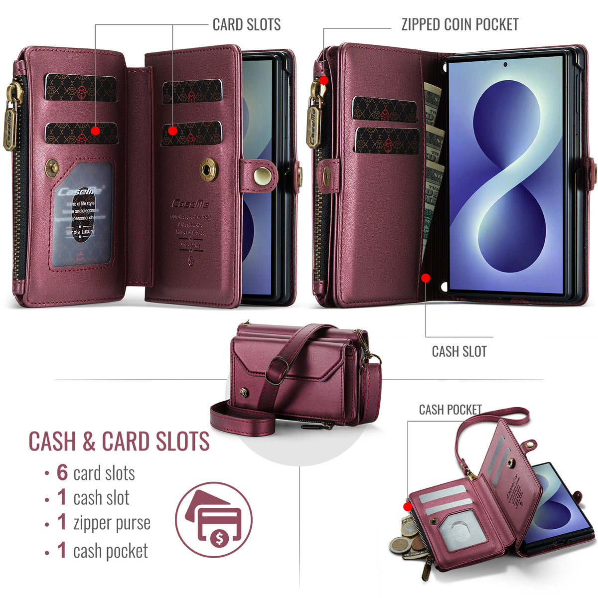 Galaxy Z Fold 8 CaseMe Crossbody Wallet Case with Strap, Card Slots & Zipper Pocket [Maroon]