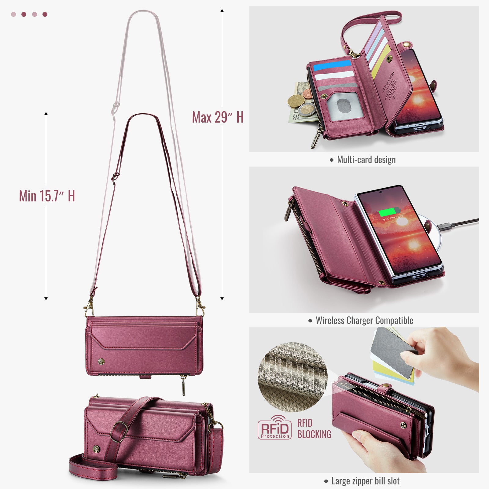 Galaxy Z Fold 8 CaseMe Crossbody Wallet Case with Strap, Card Slots & Zipper Pocket [Maroon]