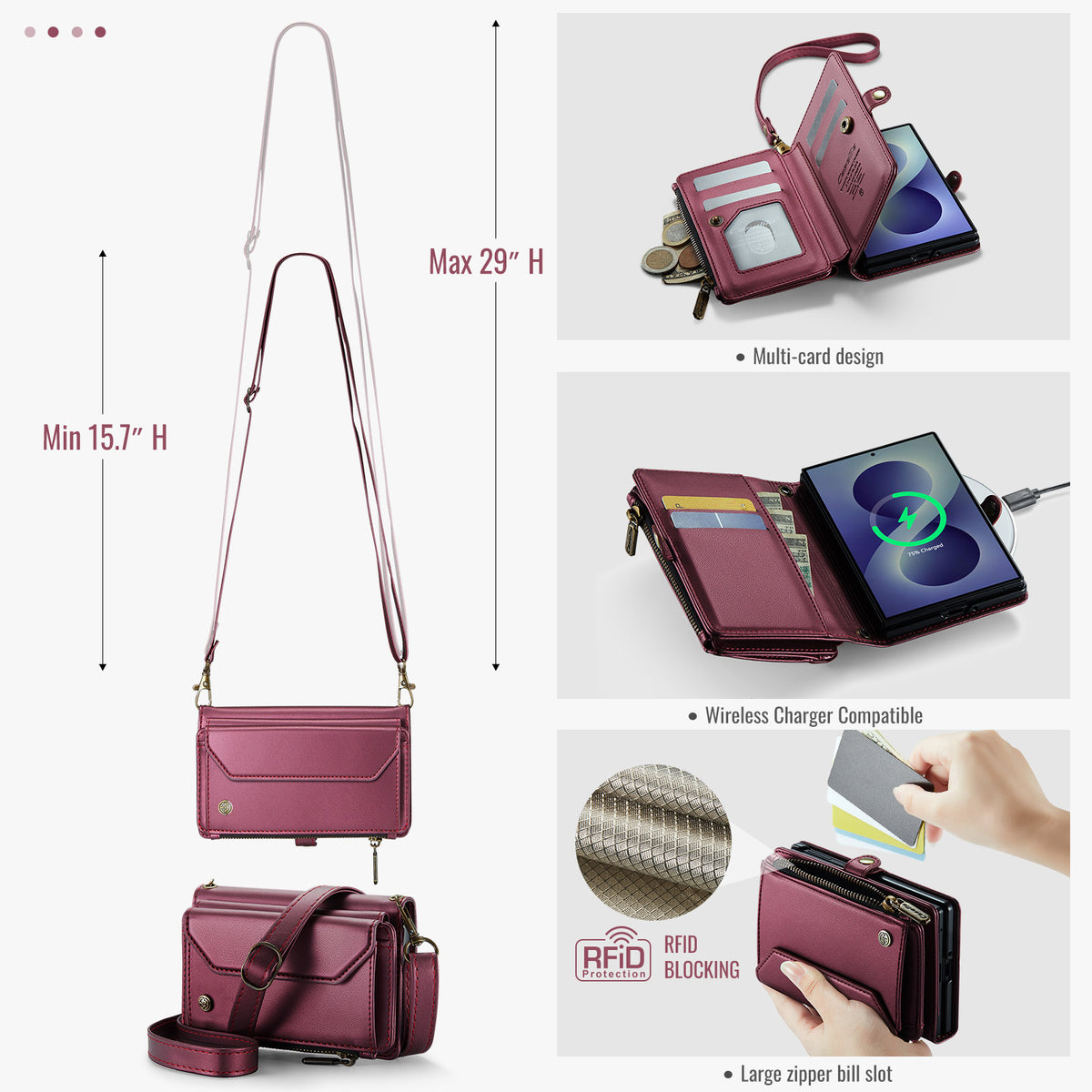 Galaxy Z Fold 8 CaseMe Crossbody Wallet Case with Strap, Card Slots & Zipper Pocket [Maroon]