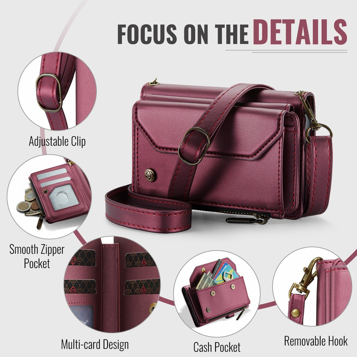 Galaxy Z Fold 8 CaseMe Crossbody Wallet Case with Strap, Card Slots & Zipper Pocket [Maroon]