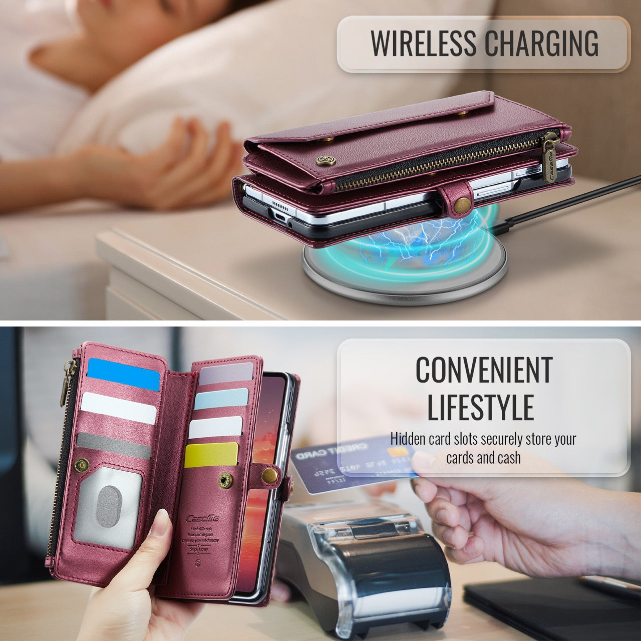 Galaxy Z Fold 8 CaseMe Crossbody Wallet Case with Strap, Card Slots & Zipper Pocket [Maroon]
